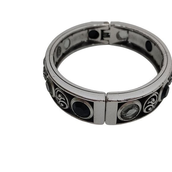 Brighton Silver-Tone Bangle Bracelet Black & Clear Gems Filigree Hinged - Picture 3 of 5